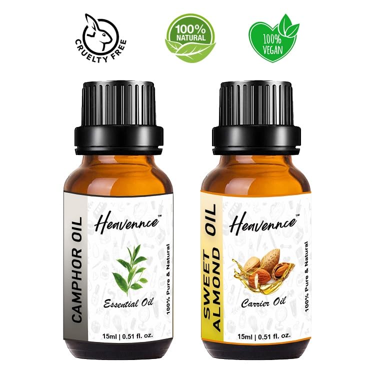 Heavennce Camphor Oil & Sweet Almond Oil Combo (30ml x 2) - Natural Hair & Skin Moisturizer, Pain Relief Massage Oil for Relaxation & Aromatherapy | Perfect for Spa, Yoga & Home Wellness