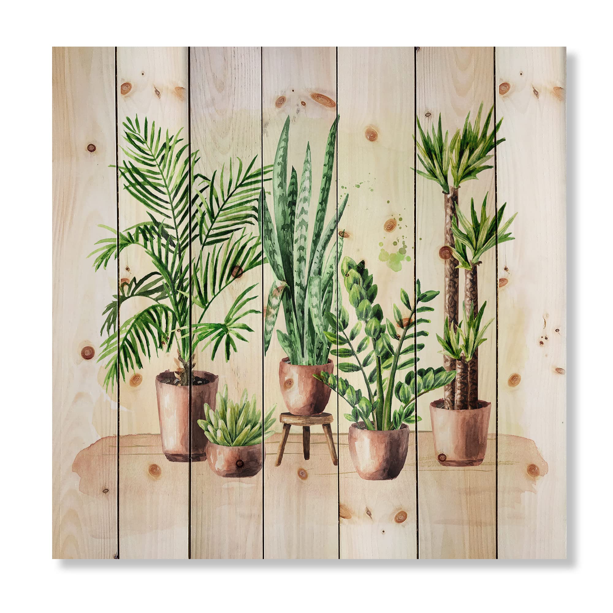 DesignQ Indoor Green Home House Plants - Traditional Wood Wall Decor, Large Floral Wood Wall Panels Printed on Natural Pine - Perfect for Living Room, Bedroom & Office Decoration