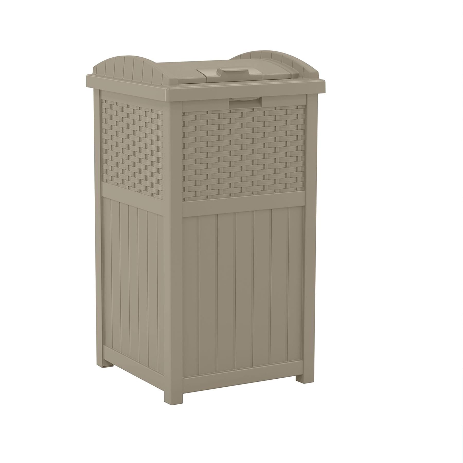 Suncast 33 Gallon Outdoor Trash Can with Lid - Durable Resin Hideaway Garbage Bin for Patio, Backyard & Deck - Weatherproof Dark Taupe Design - Perfect for BBQs, Poolside & Outdoor Entertaining