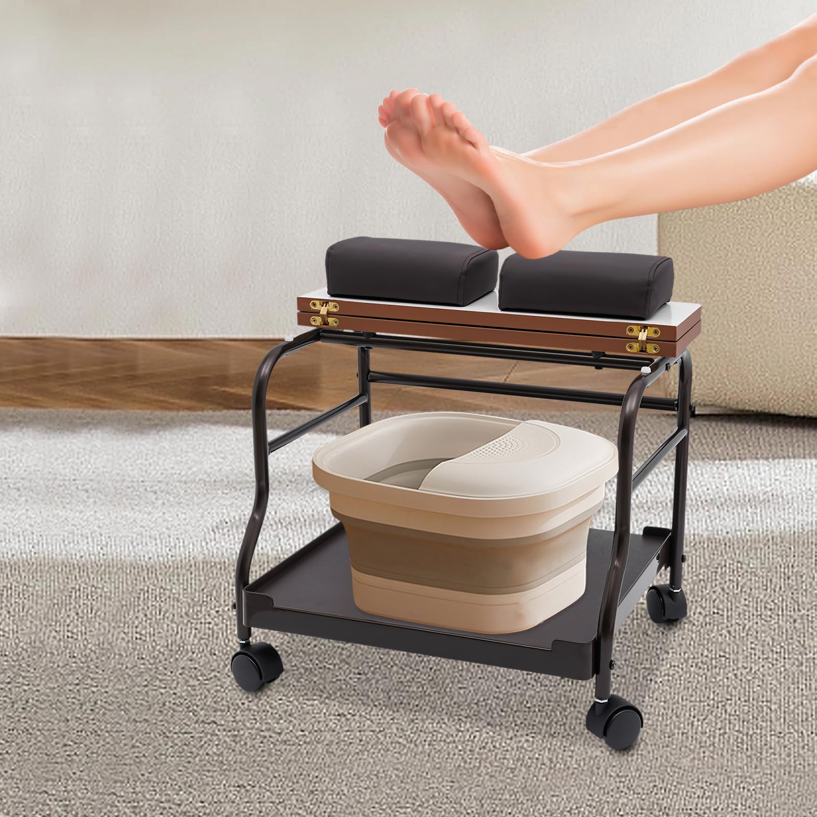 Professional Pedicure Cart with Wheels - Adjustable Foot Rest Stool for Manicure & Massage - Portable Salon Spa Station (Coffee Brown) - Perfect for Nail Salons, Home Spas & Beauty Treatments