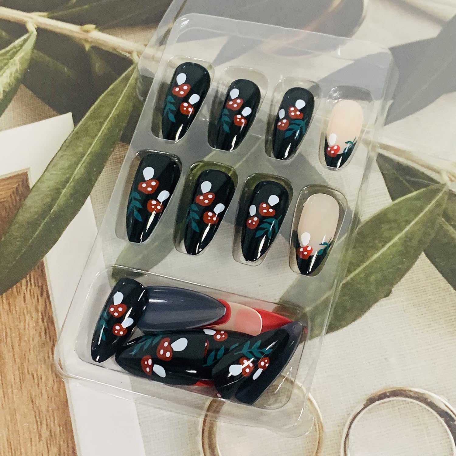 **Press on Nails Almond Medium Length - Glossy Black Acrylic Fake Nails with Mushroom Designs & Charms, Full Cover Artificial Nails for Women & Girls - Perfect for Parties, Halloween, Cosplay & Everyday Wear**