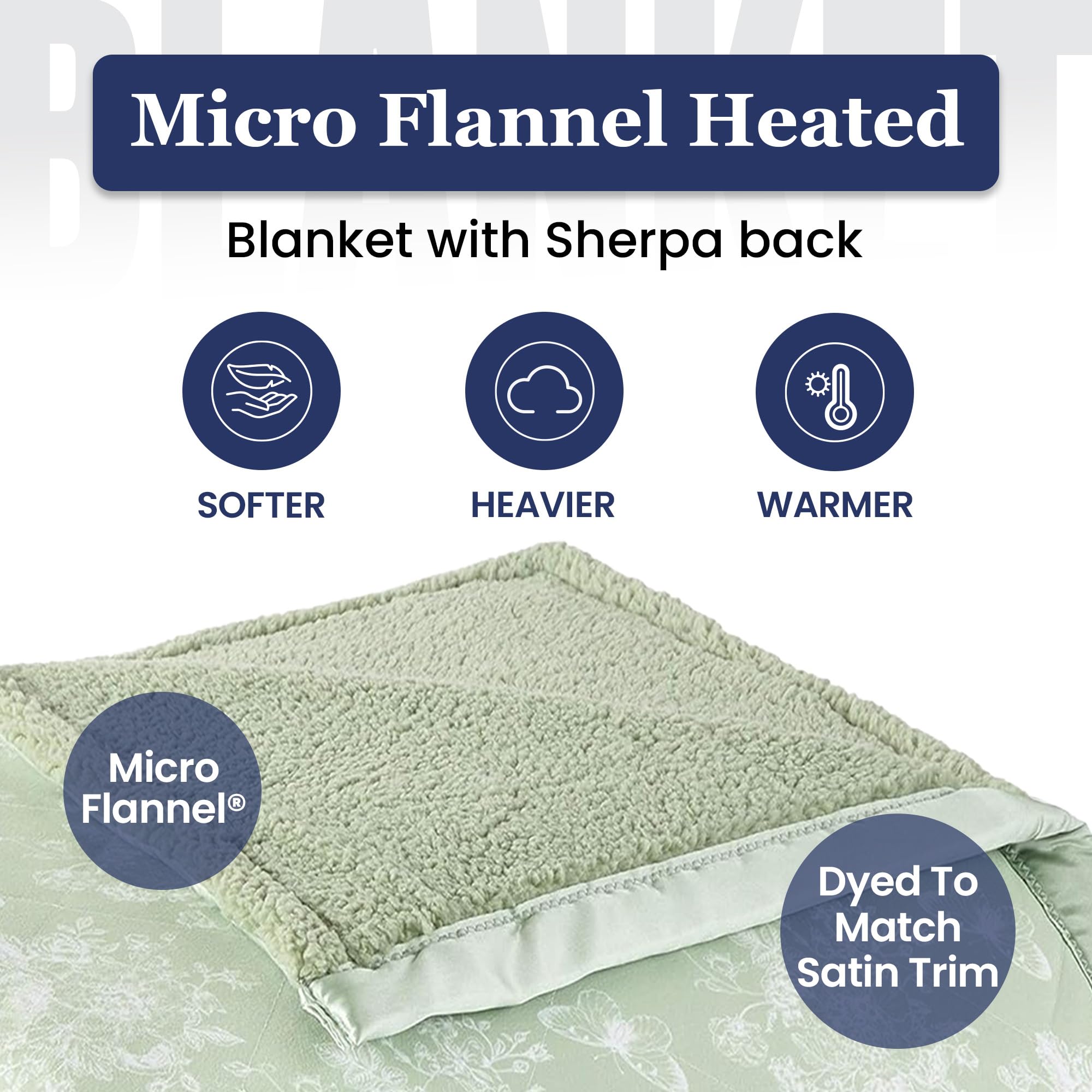 Thermee Micro Flannel Heated Blanket with Sherpa Back - 10 Heat Settings Electric Blanket Full Size, Programmable Warming Blanket, Ultra-Soft Heated Throw for Bed & Couch - Toile Celery Green - Perfect for Winter Nights & Cozy Evenings