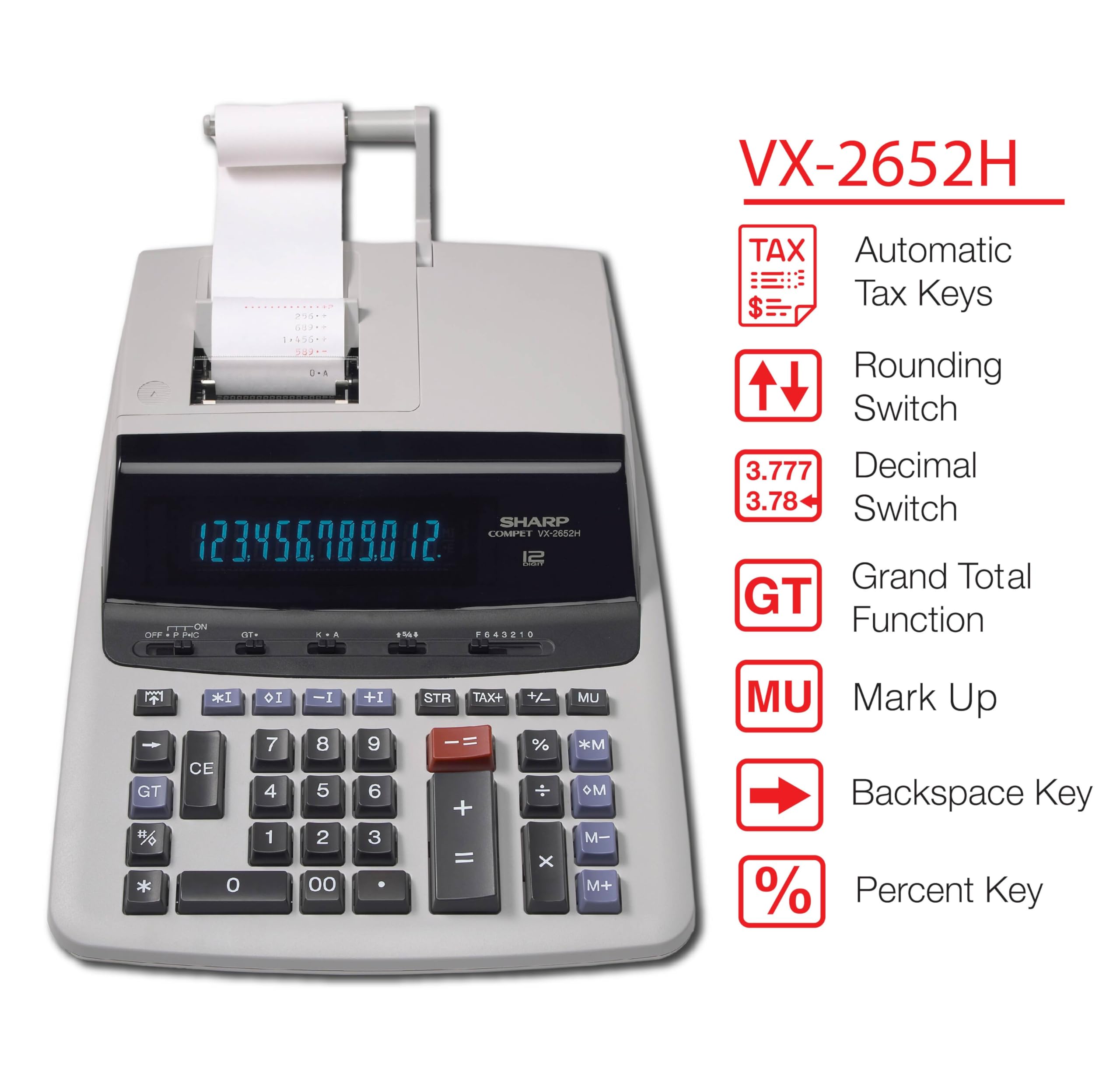 Sharp VX-2652H 12-Digit Desktop Printing Calculator with Large Display & Two-Color Printed Tape - Ideal for Office, Accounting, Bookkeeping, and Financial Calculations | Perfect for Small Business, Home Office, and School Use