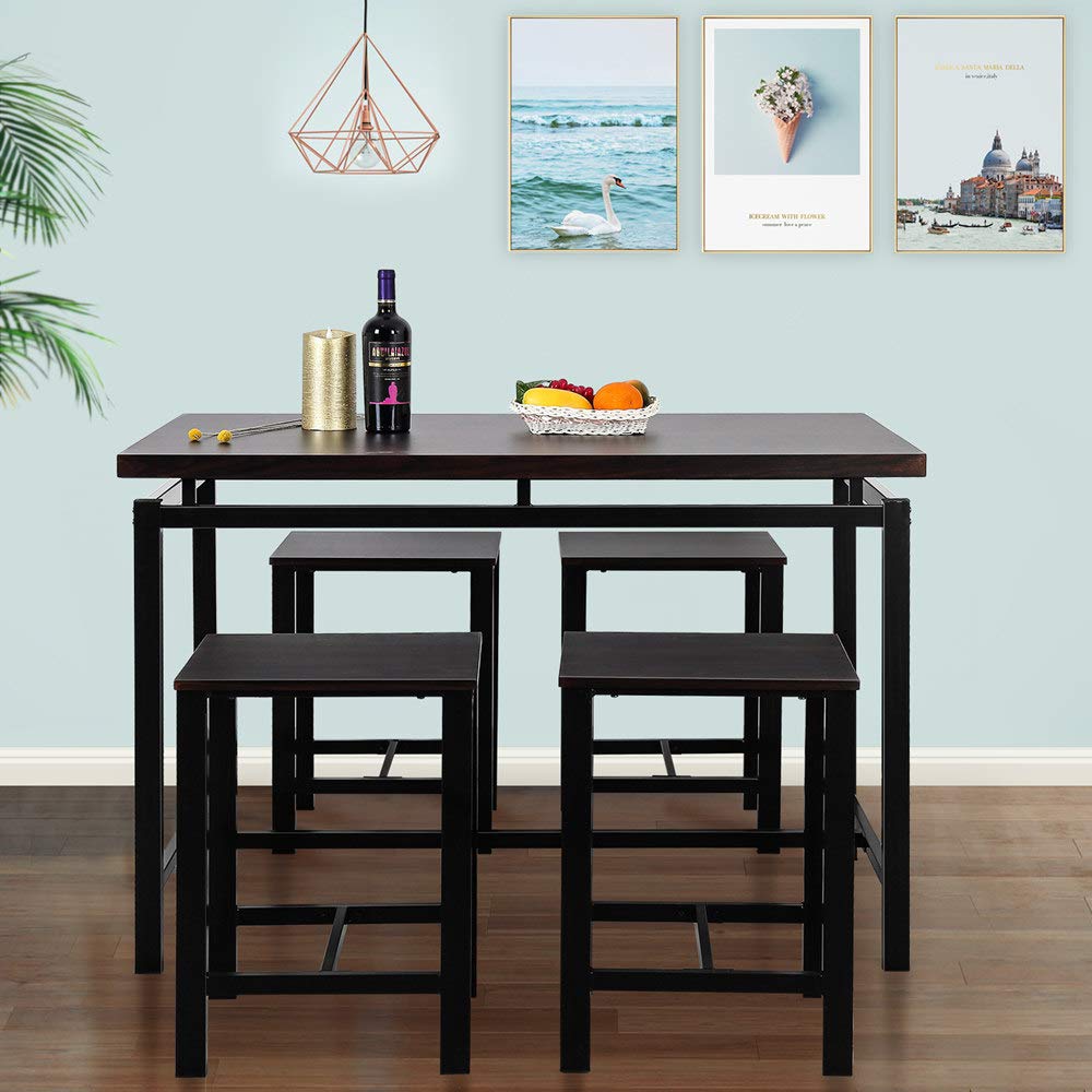 5-Piece Modern Black MDF Dining Table Set with 4 Stools - Kitchen & Dining Room Furniture for Small Spaces, Apartments, and Breakfast Nooks