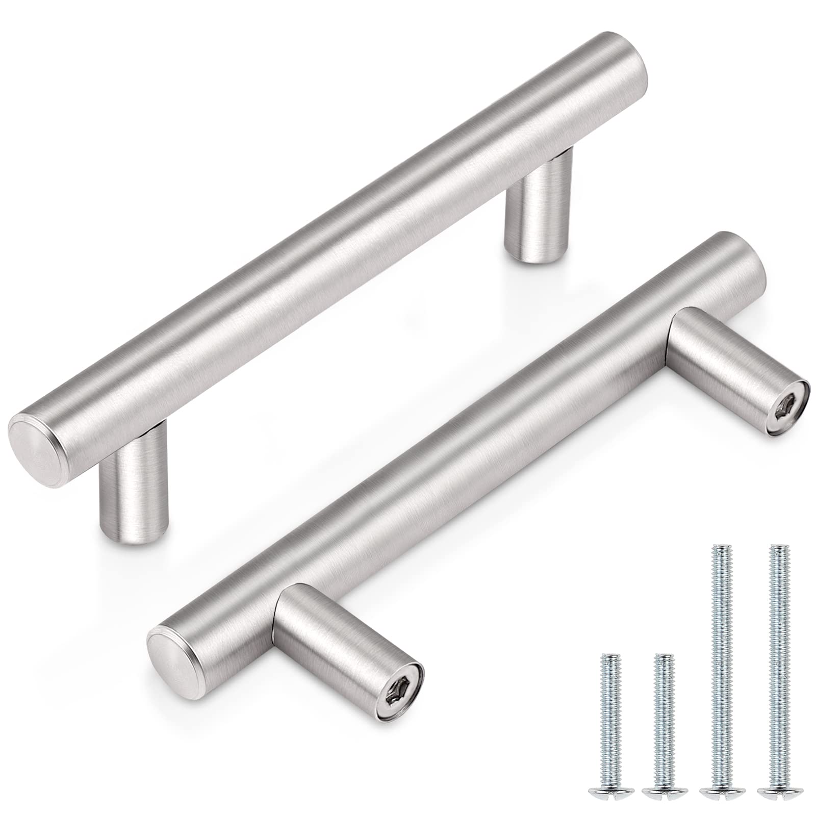 **30 Pack 3 Inch Hole Centers Brushed Nickel Cabinet Handles - Stainless Steel Euro T-Bar Pulls for Kitchen Cabinets, Drawers & Dressers (5 Inch Total Length) - Perfect for Modern Home & Office Furniture Hardware**