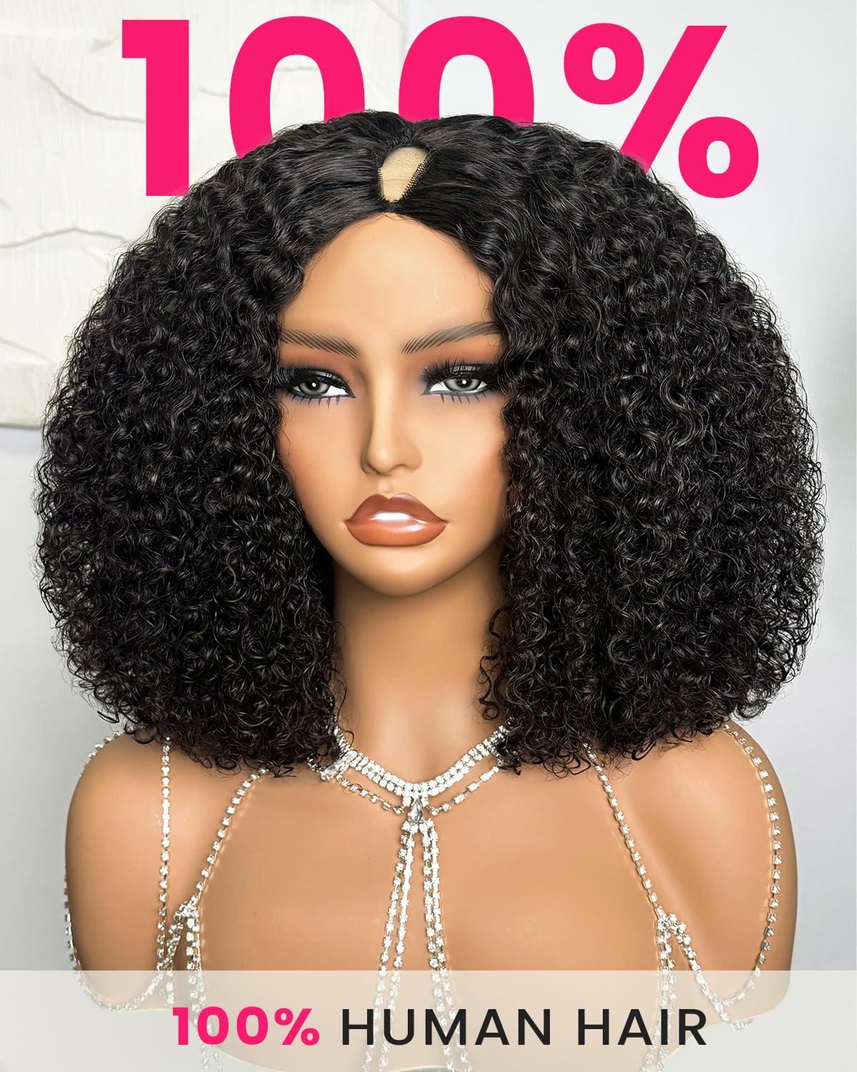MEGALOOK V Part Human Hair Wig for Black Women - 14 Inch U Part Curly Bob Wig 180% Density Deep Wave No Glue No Sew In Half Wig | Perfect for Daily Wear, Parties & Special Occasions