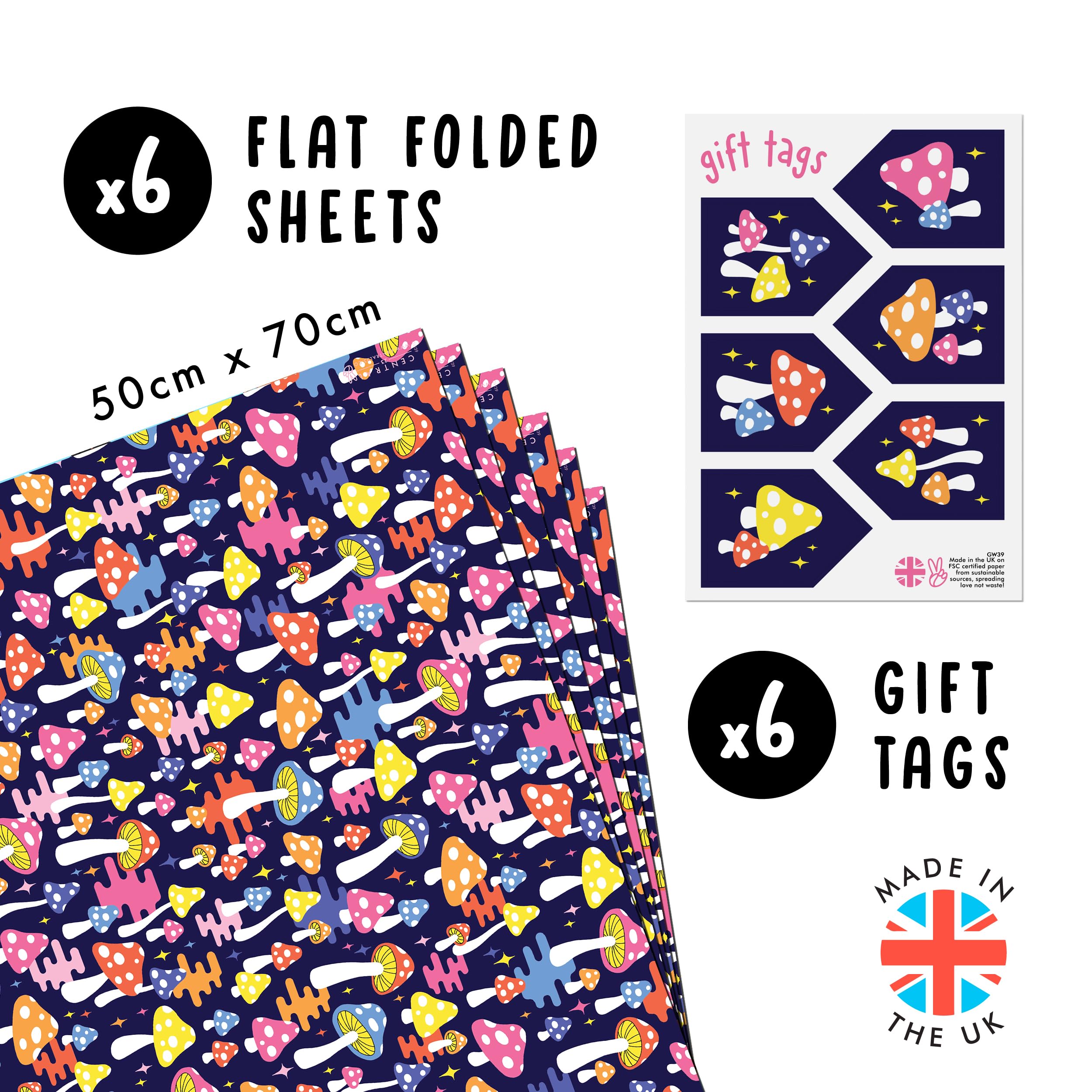 Premium CENTRAL 23 Navy Blue Psychedelic Mushroom Gift Wrap Paper - 6 Sheets for Birthdays, Halloween, Christmas & Thanksgiving - Eco-Friendly Recyclable Wrapping Paper for Men, Women & Kids - Perfect for Party Gifts, Holiday Presents & Special Occasions