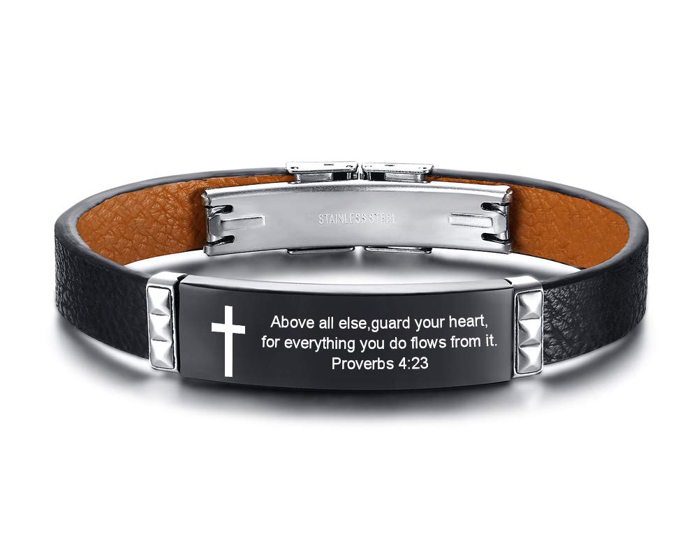 Faith-Inspired Christian Leather Bracelet for Men - Jesus Cross & Bible Verse Scripture Jewelry - Religious Gift for Dad, Grandpa, Husband, Son & Brother - Perfect for Daily Wear, Church & Special Occasions