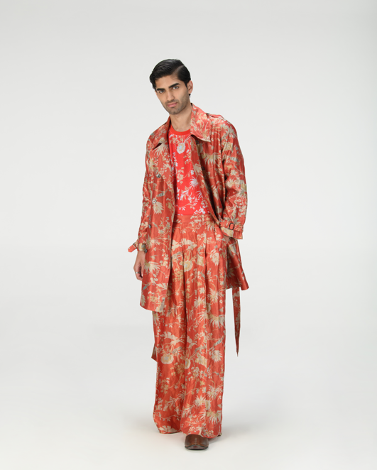 Elegant Red Silk Brocade Trench Coat for Women - Vintage Style Outerwear for Fall, Winter & Special Occasions
