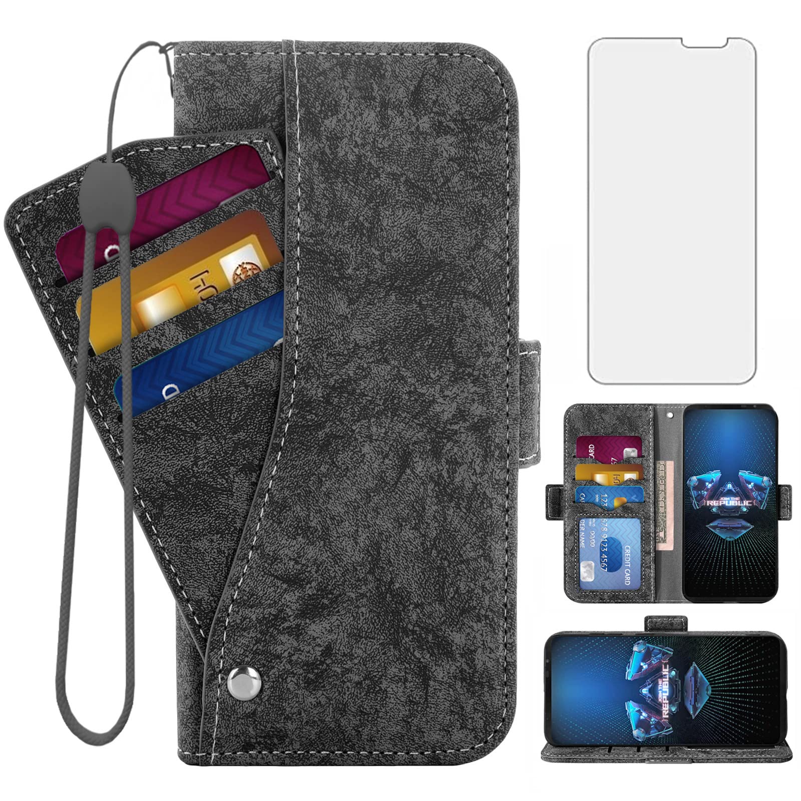 Asuwish Magnetic Wallet Case for Asus ROG Phone 5/5s/Pro/Ultimate - Black Protective Cover with Tempered Glass Screen Protector, Card Holder & Kickstand | Perfect for Gaming, Travel & Daily Use (Men & Women)
