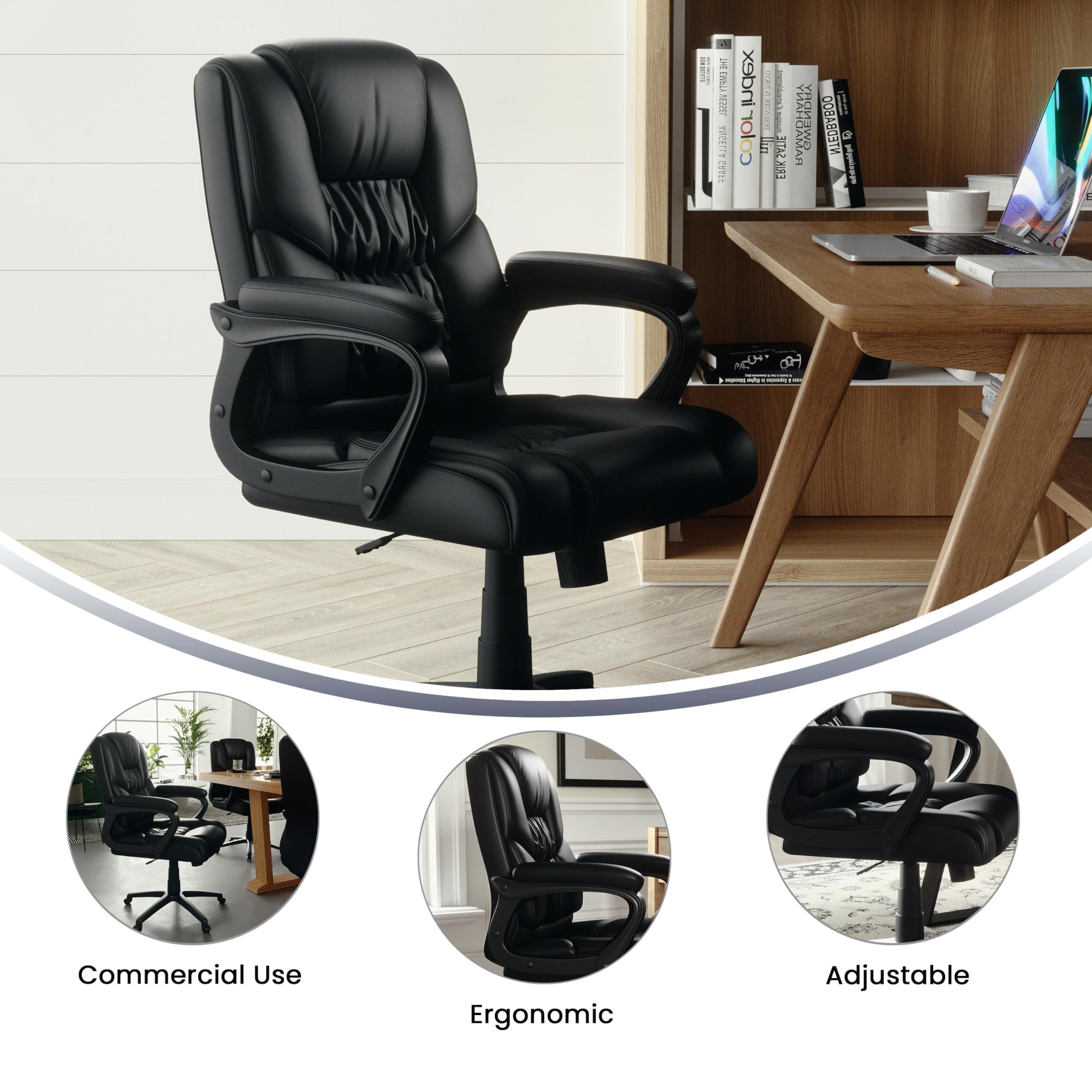 Flash Furniture Big & Tall Swivel LeatherSoft Office & Gaming Chair - Ergonomic Adjustable Height Executive Chair with Padded Armrests - Perfect for Home Office, Gaming Setup & Workspace (Black)