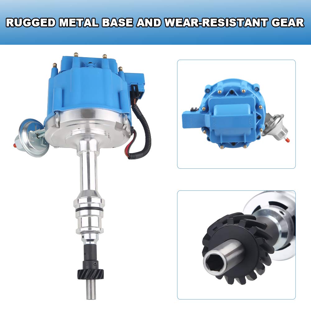 JDMON High Performance Ignition Distributor Compatible with Ford Big Block 351C 351M 400M 429 460 - 65k Coil, 7500RPM, Blue Cap (Replaces HEI 1046013 PE332U JM6506BL) - Ideal for Classic Car Restoration & High-Performance Engine Upgrades