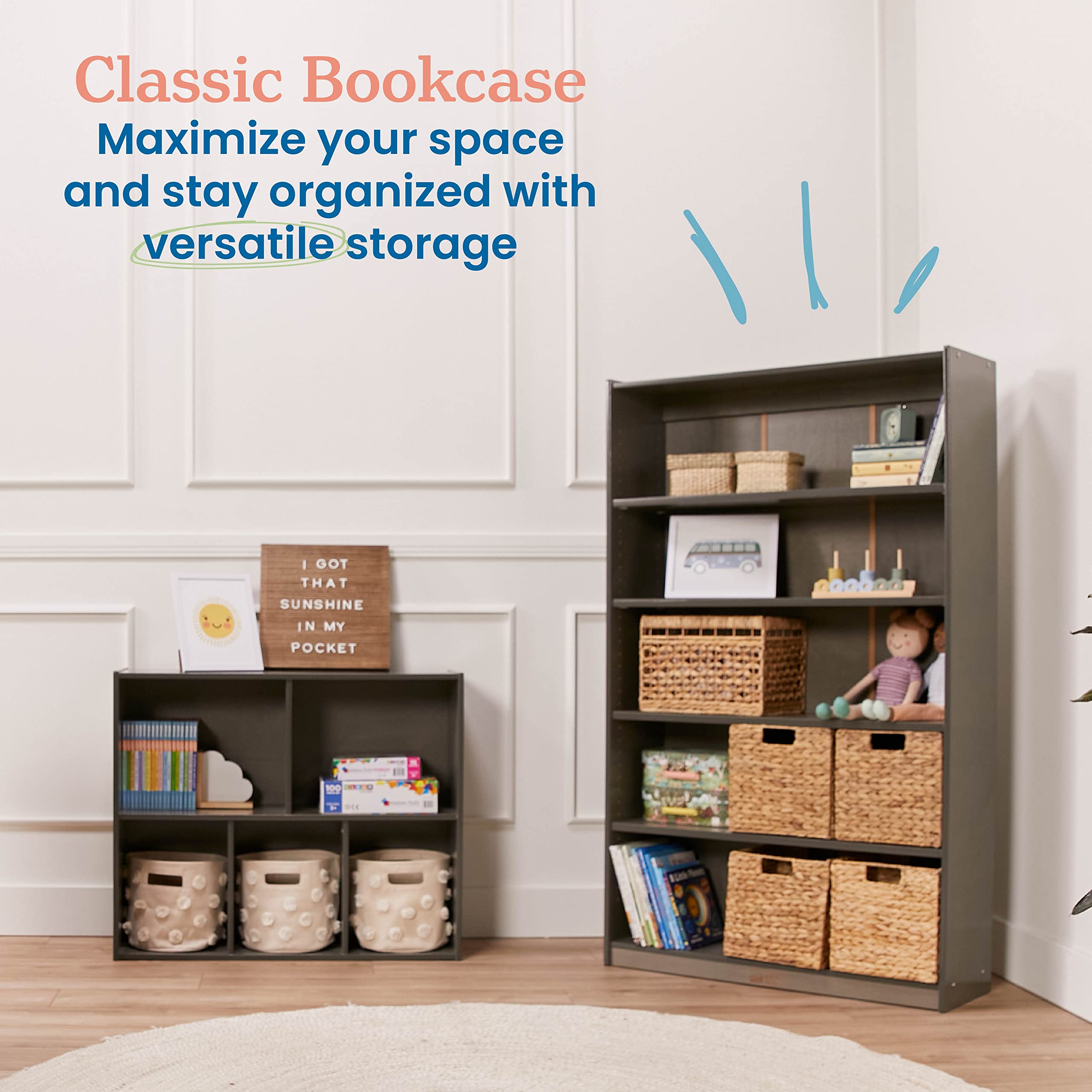 ECR4Kids Classic 60-Inch Bookcase with Adjustable Shelves, Grey Wash Finish - Perfect for Kids' Rooms, Classrooms, and Home Libraries