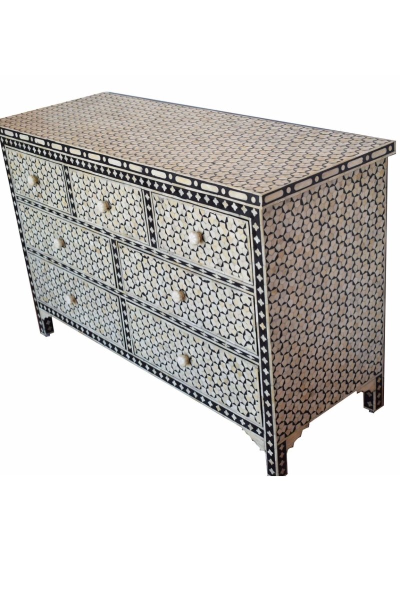 Handmade Bone Inlay Black Pentagon Dresser with 7 Drawers - Vintage Boho Bedroom Furniture for Storage & Organization