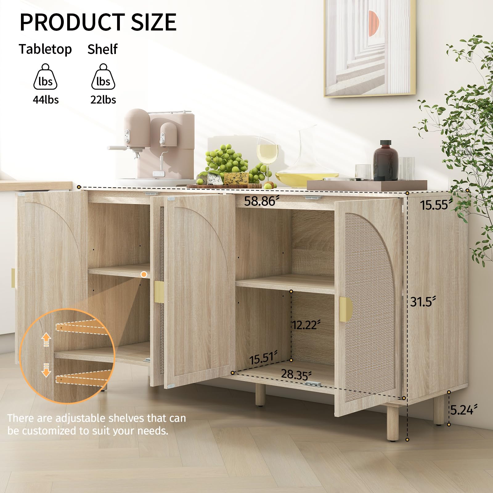 Modern Rattan Sideboard Buffet Cabinet with 4 Doors & 2 Adjustable Shelves - Boho Storage Cabinet for Living Room, Kitchen, Dining Room - Natural Woven Accent Console for Home Organization & Decor