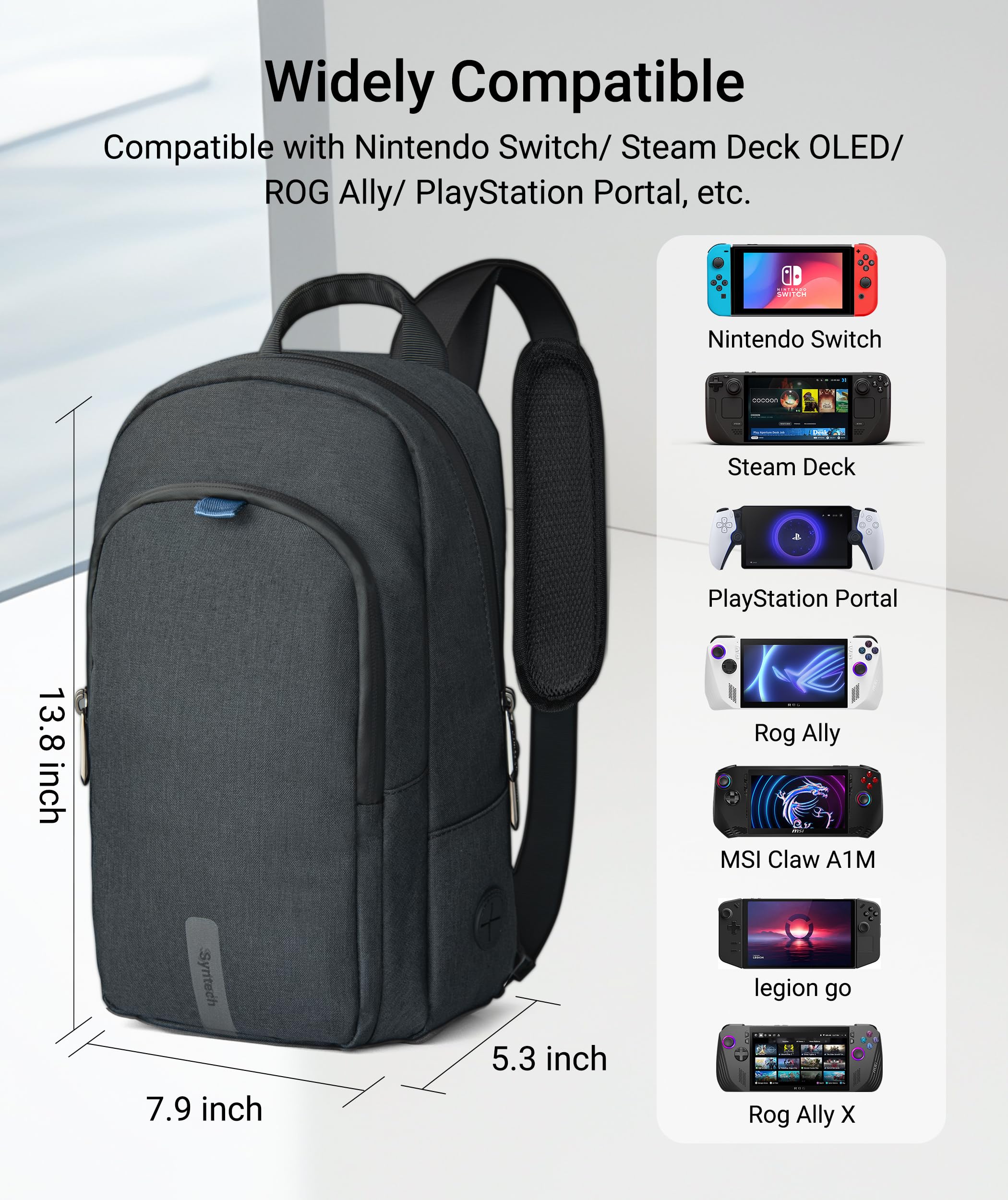 Syntech Portable Travel Sling Bag for Steam Deck OLED, ROG Ally X, Legion Go S, Nintendo Switch 2 & PS Portal - Large Storage Gaming Console Carrying Case with Accessory Pockets - Perfect for Travel, Commuting & Gaming On-The-Go (Black)