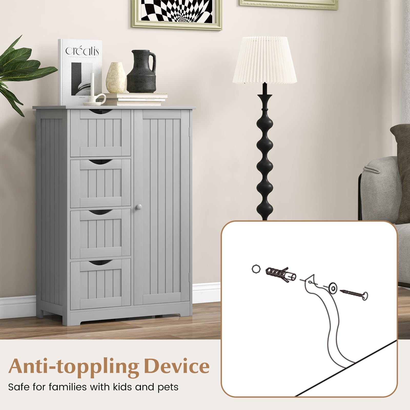 Giantex 4-Drawer Bathroom Storage Cabinet with Cupboard & Adjustable Shelf - Anti-Tip Floor Cabinet for Bathroom, Entryway, Living Room Organization (Gray) | Space-Saving Storage Solution for Towels, Toiletries & Home Essentials