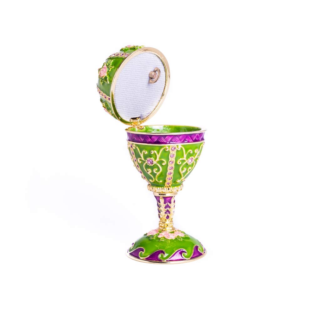 Golden Green Faberge Egg Music Box with Austrian Crystals - Handcrafted Russian Easter Egg Trinket Box Decorated with Flowers | Collectible Gift for Home Decor, Easter Celebration & Luxury Jewelry Storage