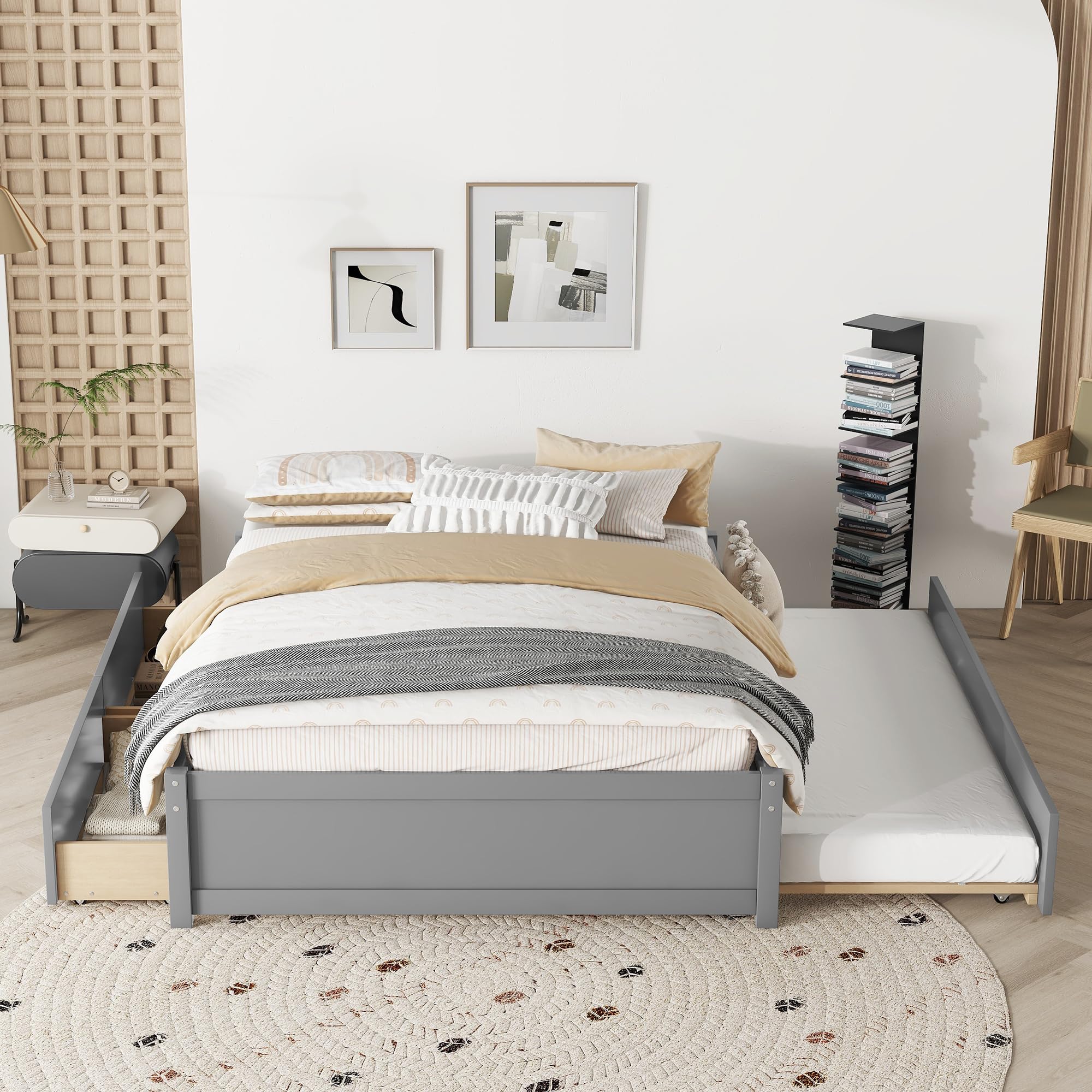Solid Wood Full Size Platform Bed Frame with Trundle & Storage Drawers - Grey Captain Bed for Kids, Teens & Adults - Perfect for Small Spaces, Guest Rooms & Dormitories