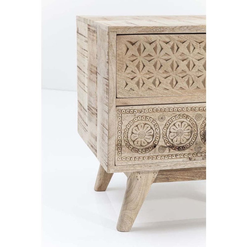 Hand Carved Two Door Nightstand in Natural Wood Finish - Solid Wood Bedside Table with Storage for Bedroom, Living Room & Guest Room Decor