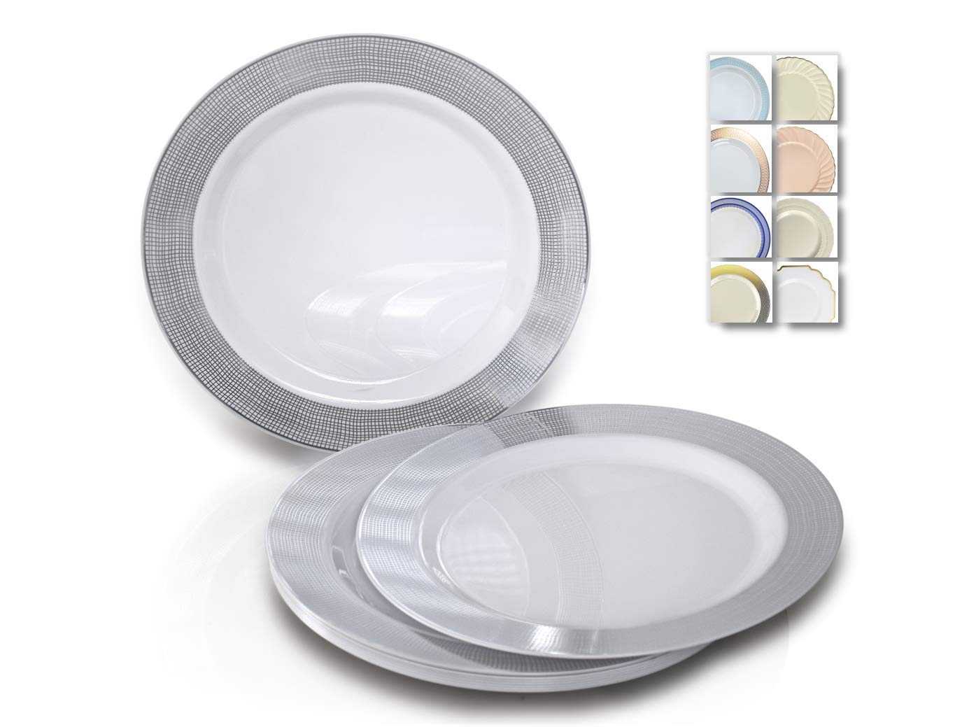 60 Heavyweight Disposable Plastic Plates 10.5'' - Premium Wedding & Party Dinner Plates in Elegant Linen White & Silver | Perfect for Bridal Showers, Anniversary Celebrations & Formal Events