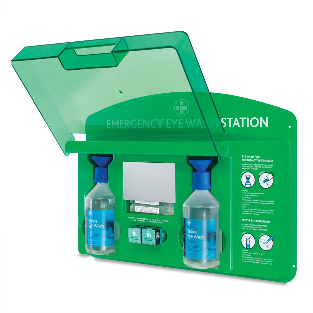 Reliance Medical Eye Wash Station - Emergency Eye Wash Kit with LED Light, 500ml Saline Solution & Eye Bandage for Workplace, Lab, and First Aid Safety