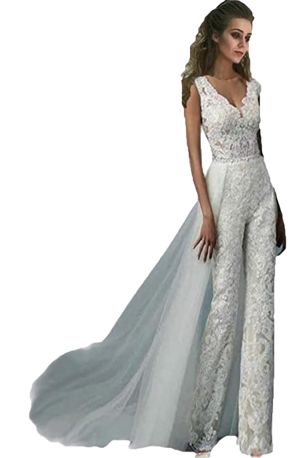 Elegant Lace Wedding Gown with Detachable Train - Bridal Jumpsuit Pants Dress with Appliques | Perfect for Beach Weddings, Vow Renewals & Romantic Photoshoots