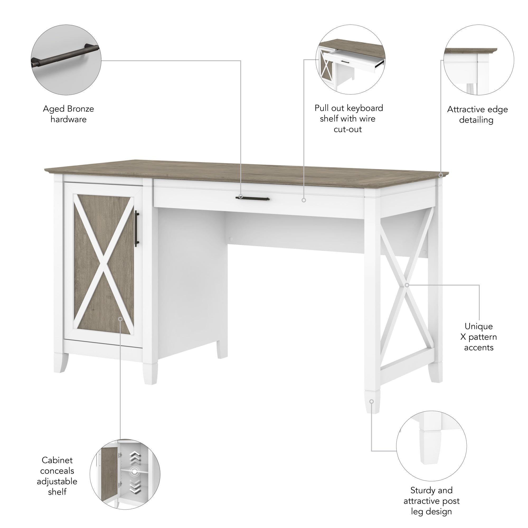 Bush Furniture Key West Computer Desk with Storage - Farmhouse Style PC Table for Home Office in Pure White & Shiplap Gray, 54