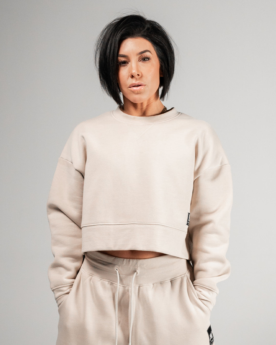 Women's Oversized Crop Crewneck Sweatshirt in Tan - Soft & Comfortable Casual Wear for Lounge, Street Style & Layering