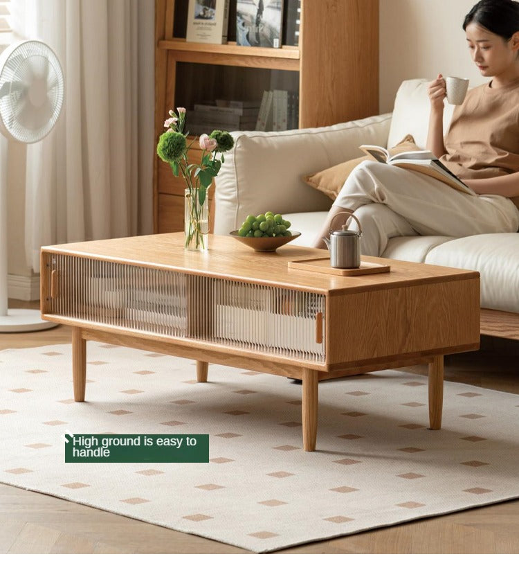 Solid Oak and Beech Wood Coffee Table with Glass Doors - Modern Living Room Furniture for Home Decor and Entertainment