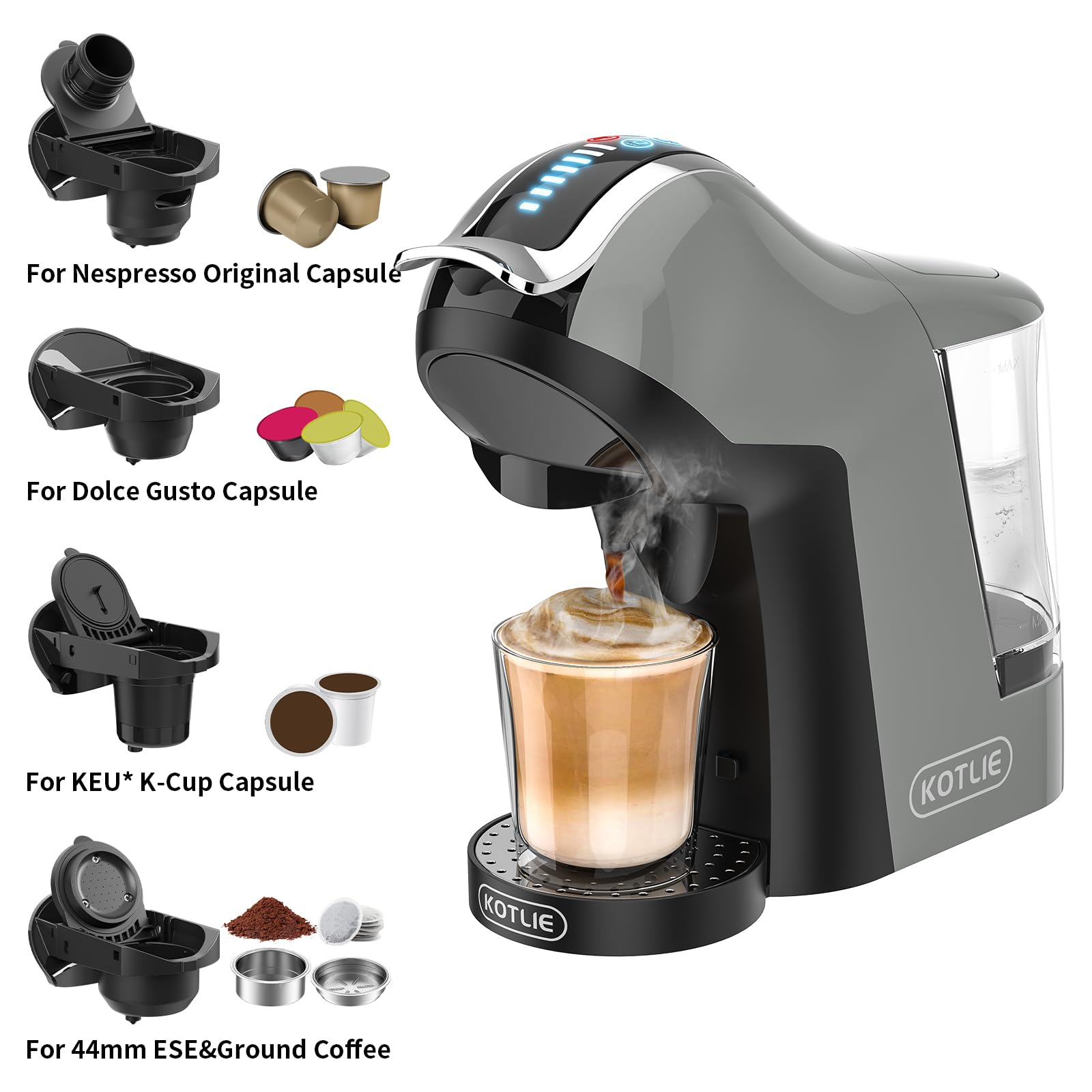 KOTLIE 5-in-1 19Bar Multicapsule Espresso Coffee Machine - Cold & Hot Brewing Single-Serve Coffee Maker for K-Cup/Dolce Gusto/Nespresso Original/Ground Coffee/44mm ESE Pods - Perfect for Home, Office & Small Cafes (Grey, Model EM-308A)