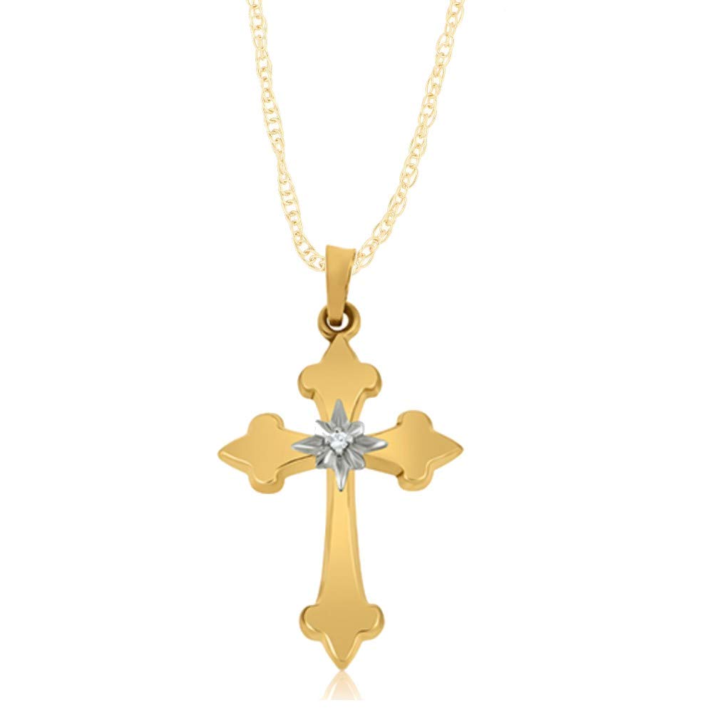14K Yellow Gold Polished Fleur De Lis Diamond Cross Pendant Necklace - Religious Jewelry Gift for Women & Men (0.01ctw) - Perfect for Baptism, Confirmation, Wedding & Everyday Elegance