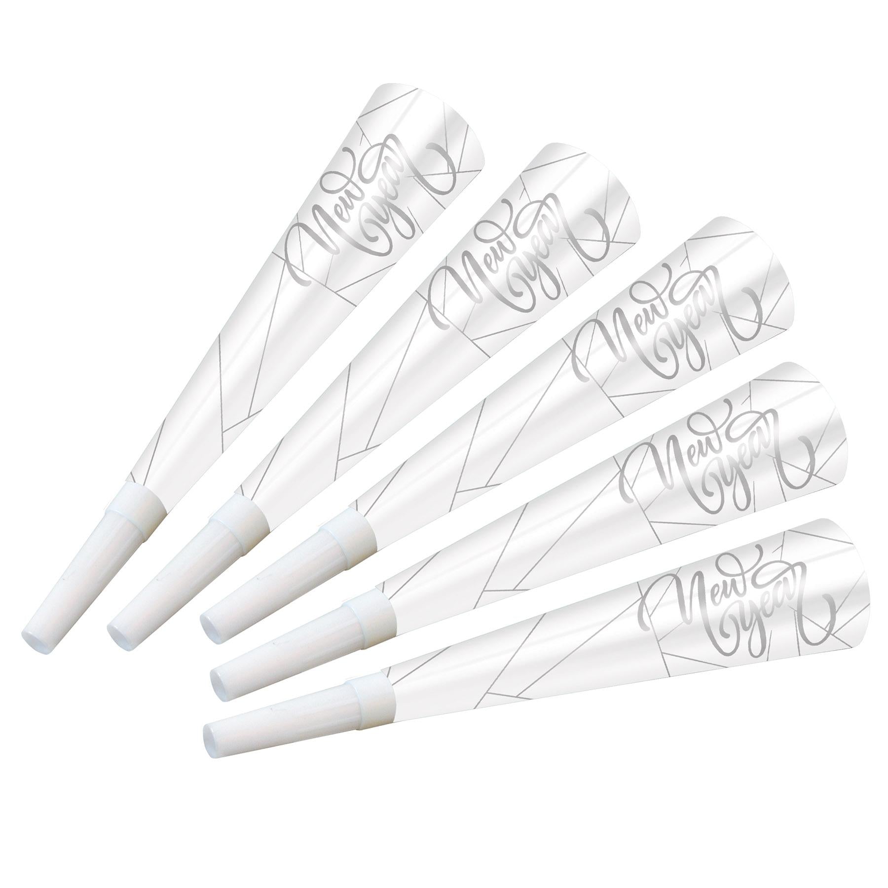 100 Pack Beistle White New Year Silver Horns - Party Blowers for New Year's Eve, Christmas, Birthday Celebrations & Festive Events