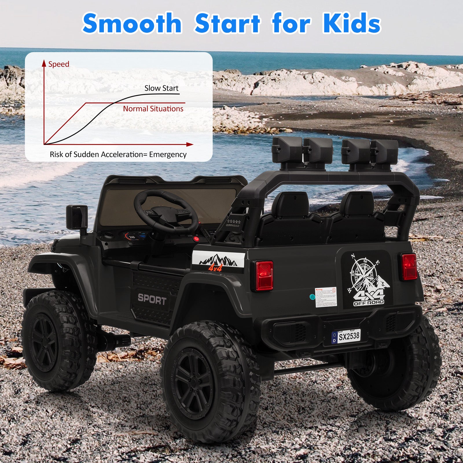 GARVEE 24V 4WD Kids Electric Ride On Car Truck with Remote Control - 2 Seater Adjustable Footwell, 3 Speed Modes, LED Lights & Bluetooth - Black | Perfect for Outdoor Play, Birthday Gifts & Family Fun