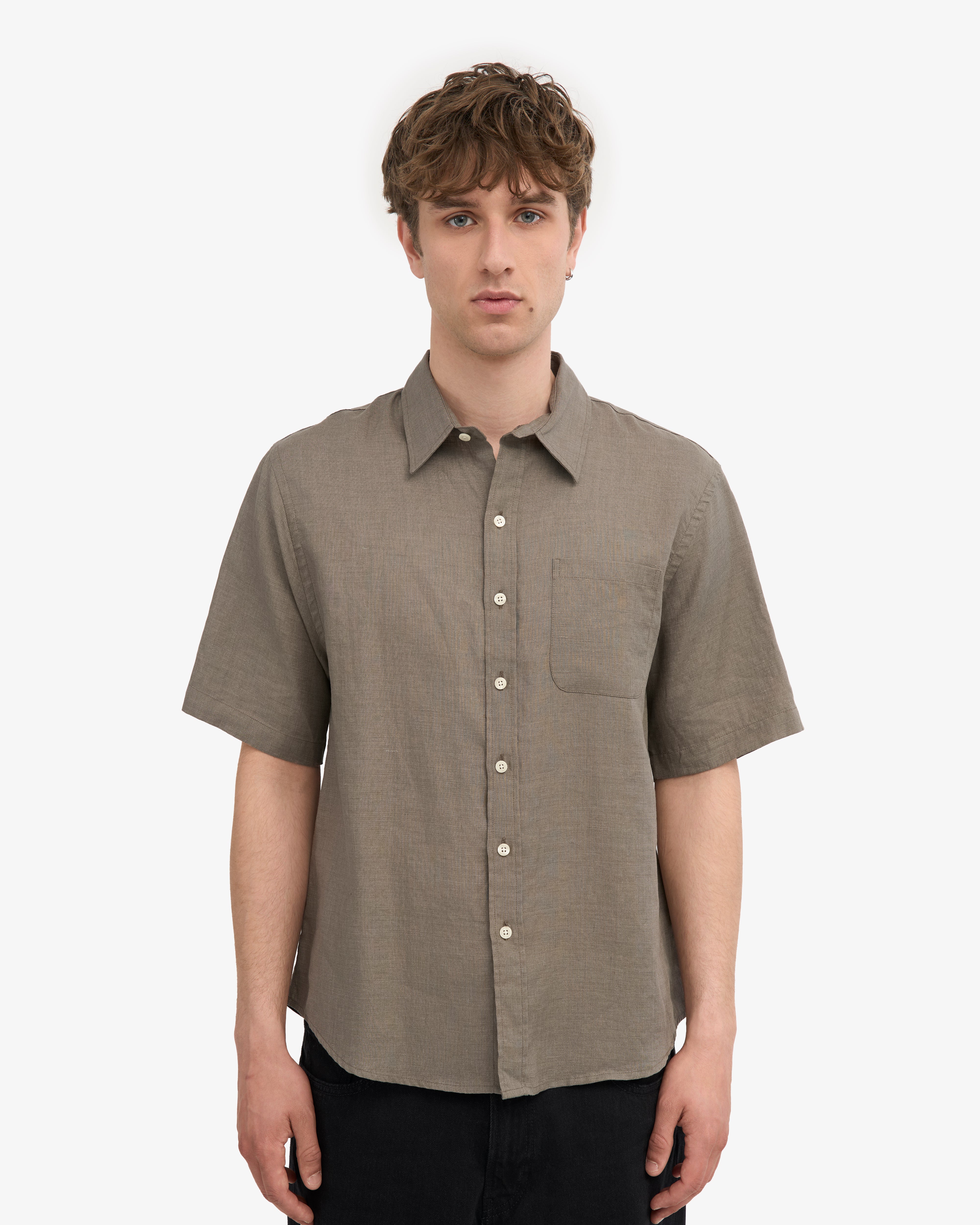 Premium Linen Short Sleeve Shirt for Men - Dusty Olive | Breathable & Comfortable Summer Casual Wear for Outdoor Activities & Travel