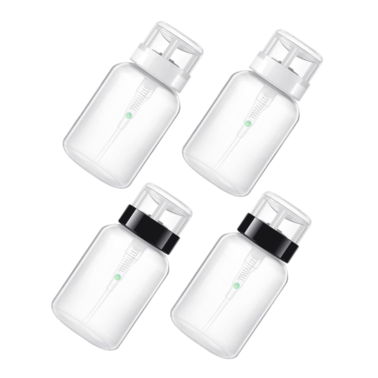 BelliFFY 4-Piece Push Down Dispenser Set for Nail Polish, Hand Soap & Makeup Remover - Leak-Proof Press Bottle with Sticker Labels for Bathroom, Salon & Home Organization
