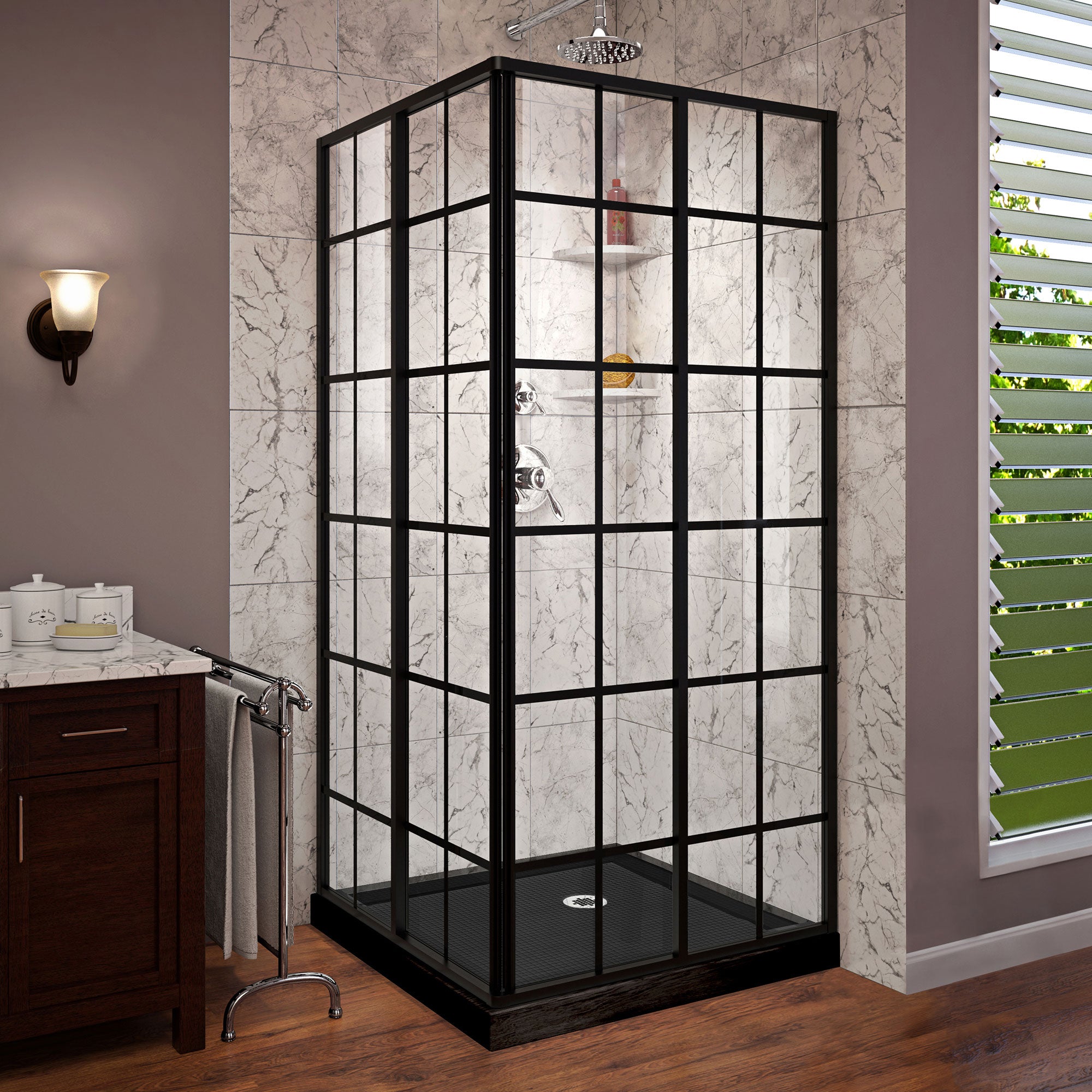 DreamLine French Corner 36x36x74.75 Inch Sliding Shower Enclosure - Satin Black Framed Glass & Corner Drain Black Base Kit for Bathroom Remodeling & Spa-Like Shower Experience