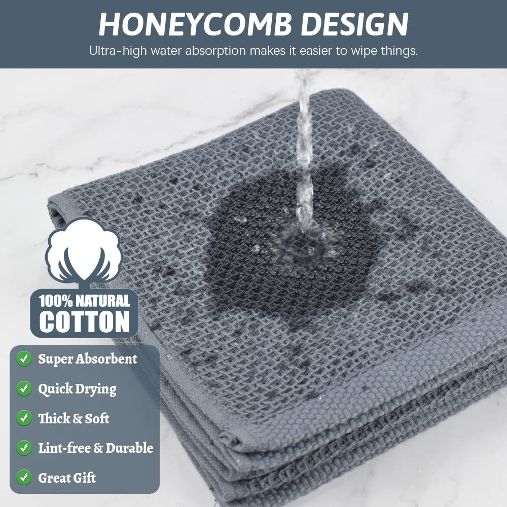 Nialnant 100% Cotton Waffle Weave Dish Towels - 4 Pack Super Absorbent & Quick Drying Kitchen Towels, 13x28 Inches Dark Gray - Perfect for Drying Dishes, Cleaning Countertops & Hand Drying