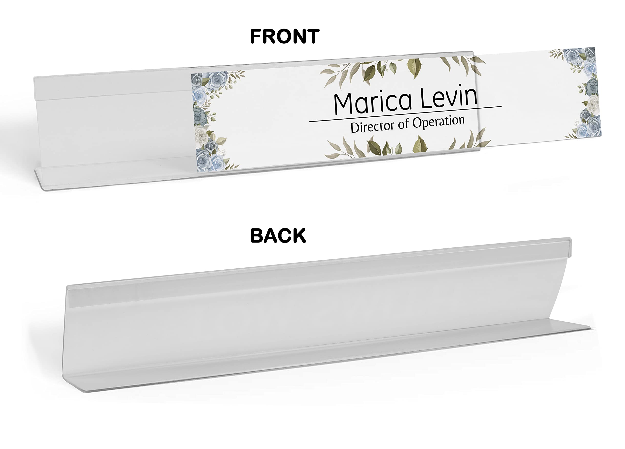 Custom Acrylic Desk Name Plate - Personalized Office Name Sign with Blue Roses & Leaves Design (2x8 Inches) | Perfect for Corporate Gifts, Reception Desks & Home Office Decor