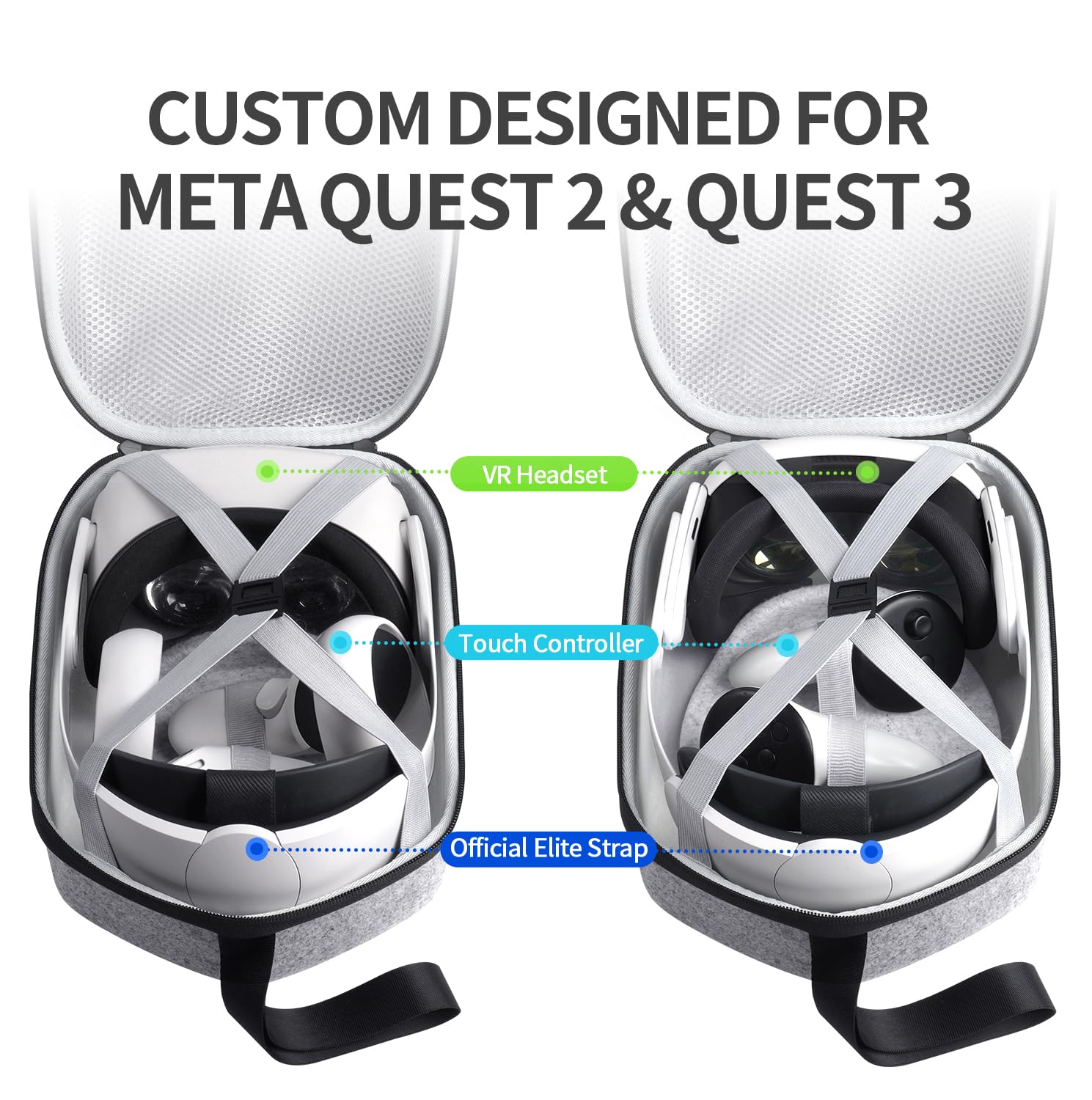 Meta Quest 2/Quest 3 Hard Shell Travel Case - Protective Storage Bag for Oculus VR Headset & Elite Strap | Compatible with HTC Vive VR Headset | Perfect for Travel, Gaming & VR Accessories Organization