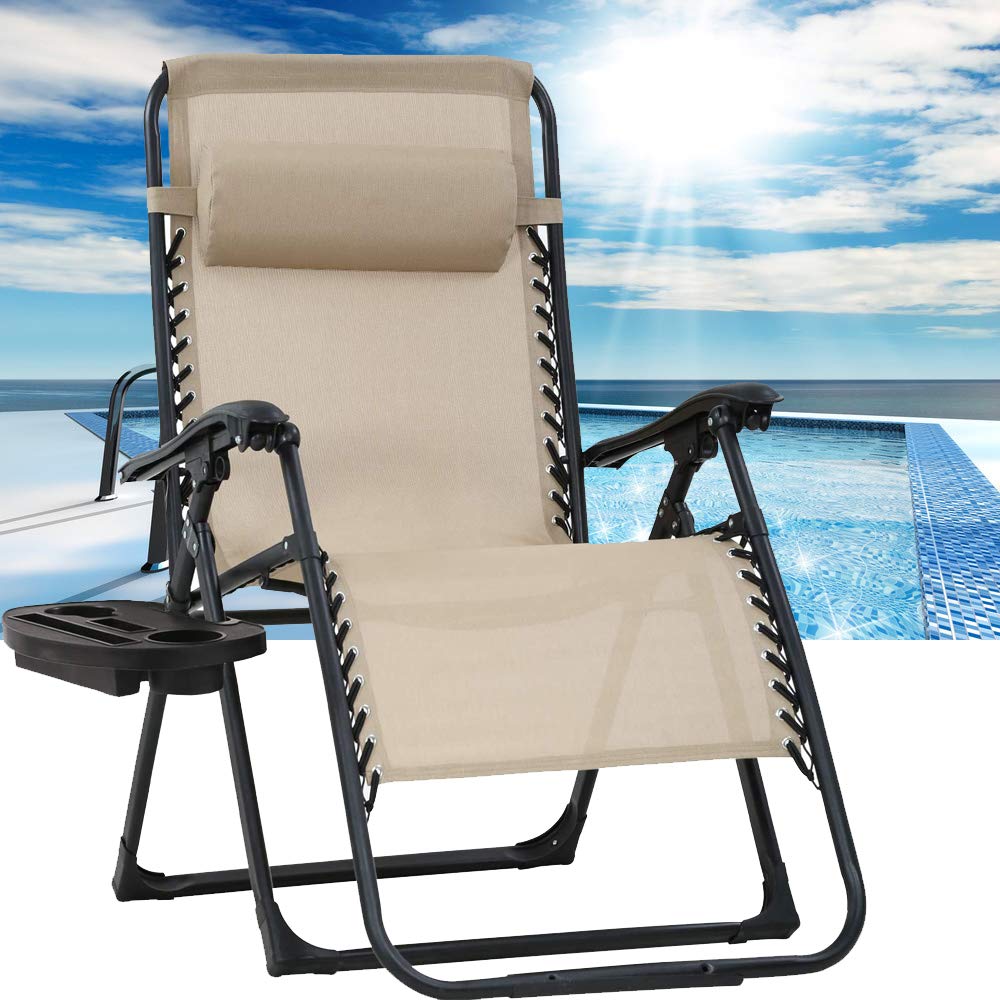 Bigacc XL Wide Zero Gravity Lounge Chair - Oversized Outdoor Recliner with Thick Padding, Adjustable Headrest & Cup Holder - Perfect for Backyard, Poolside, Camping and Patio Relaxation - Tan