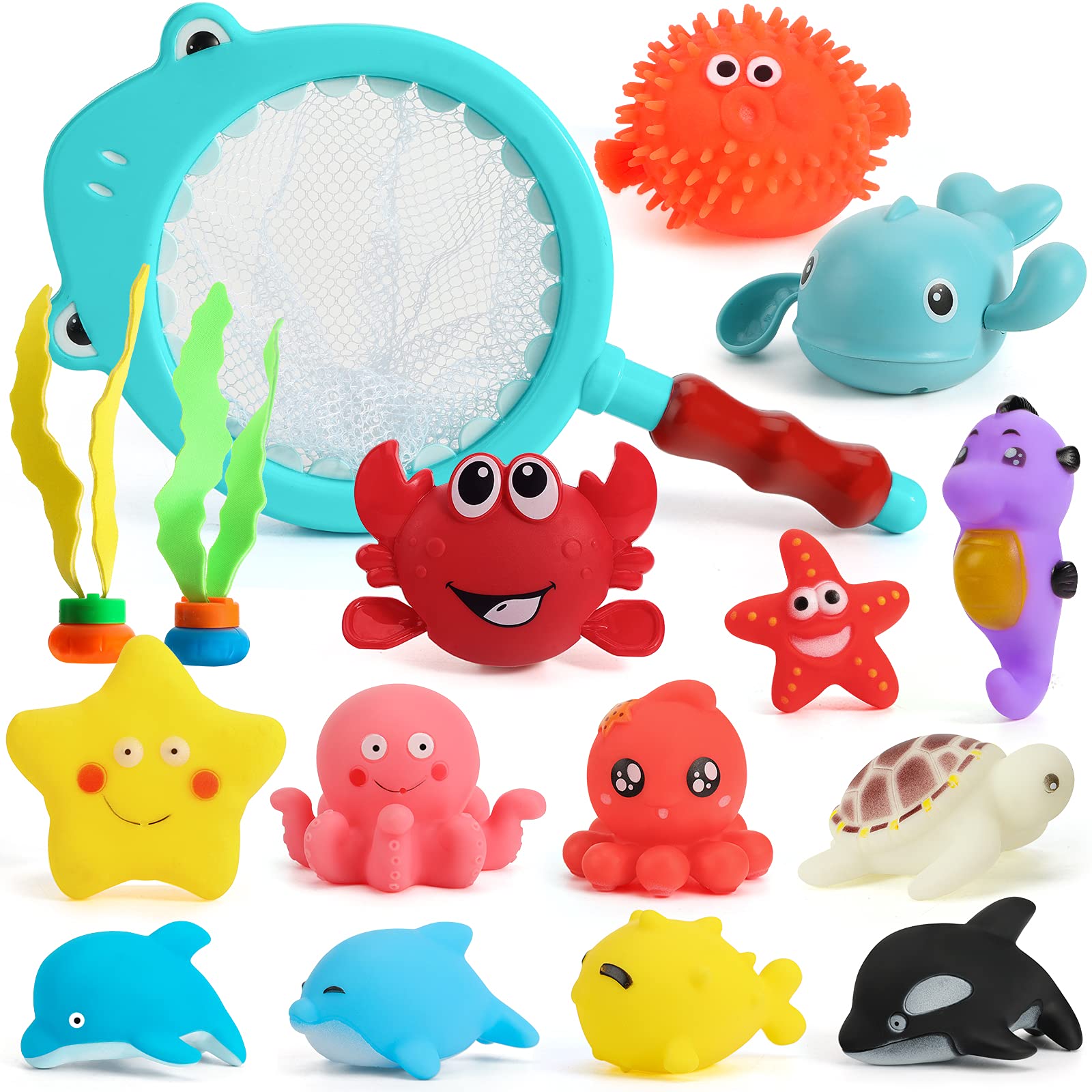 **Shindel 16PCS Bath Toys for Toddlers - Floating Animal Pool Toys Set with Fishing Net & Clockwork Swimming Toys | Fun Bath Time & Pool Play for Kids Ages 2-4, Infant Girls & Boys | Perfect for Bathtub, Swimming Pool & Outdoor Water Play**
