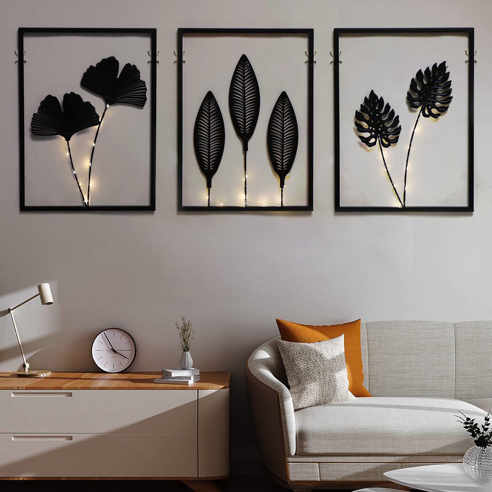 Phirown Metal Wall Art Set of 3 - Black Modern Farmhouse Wall Decor with LED Light Strips - Vertical Rustic Home Decor for Living Room, Bedroom & Office - Perfect for Accent Walls and Cozy Spaces