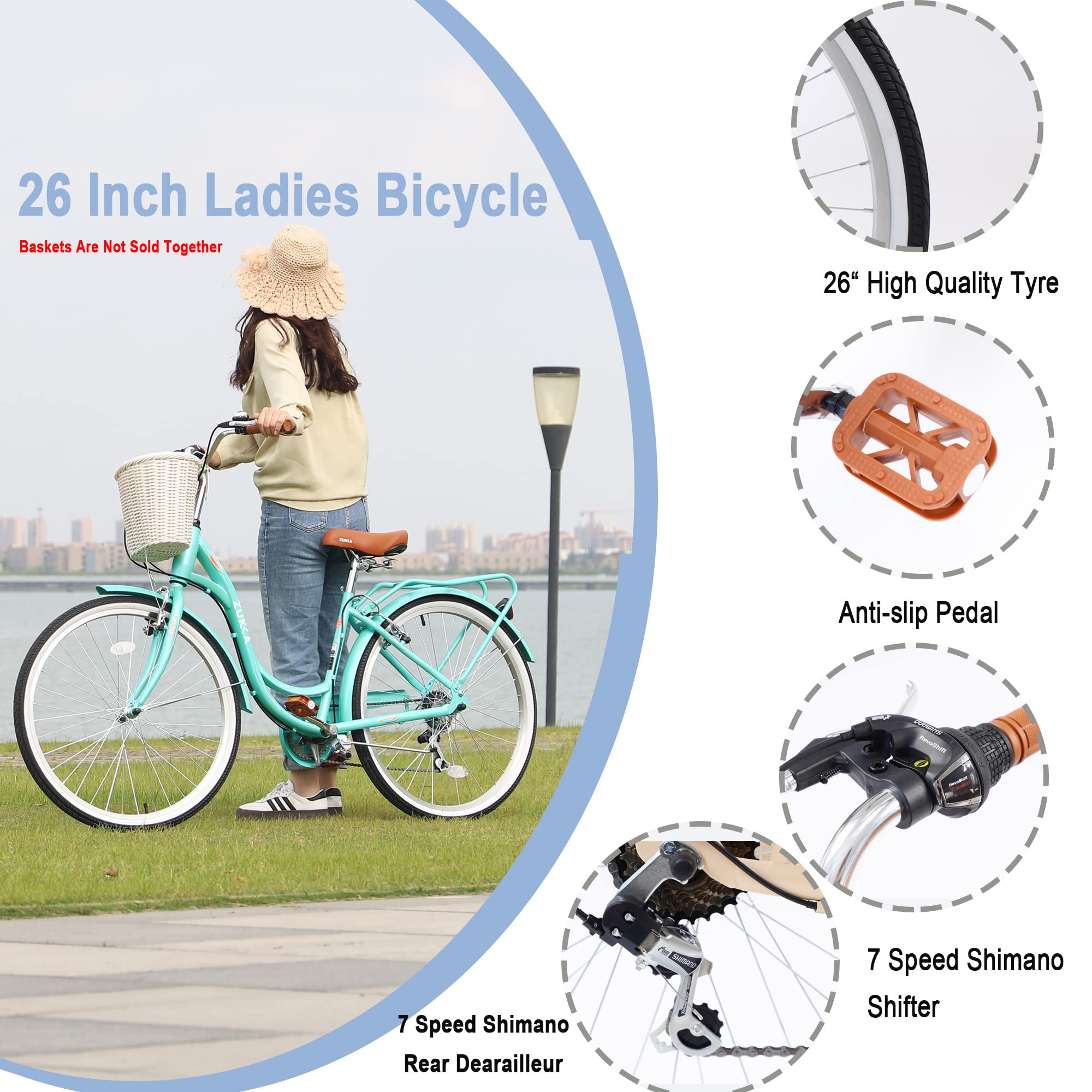 **26 Inch 7-Speed Women's Cruiser Bicycle - US Stock | Beach & City Hybrid Bike in Lotus Pink (Beige) | Perfect for Commuting, Leisure Rides & Beach Outings**