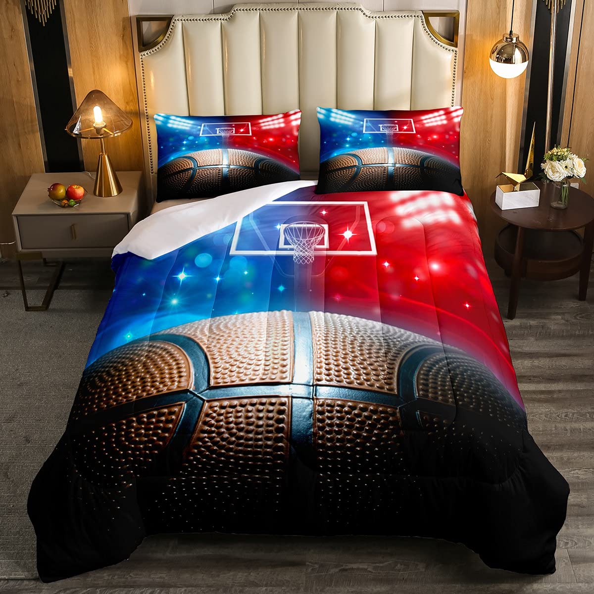 Erosebridal Basketball Comforter Set Twin - Sport Themed Bedding with Down Comforter, Red & Blue Basketball Court Design Duvet Cover & Pillowcase - Perfect for Kids' Rooms, Sports Themed Bedrooms & Game Room Decor