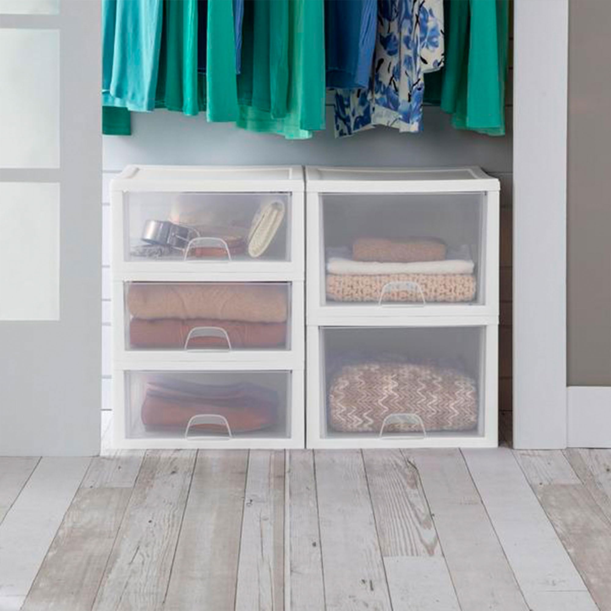 Sterilite 27 Quart (4 Pack) & 16 Quart (6 Pack) Clear Plastic Stackable Storage Drawers - White Organizer Bins for Home, Office & Closet Organization