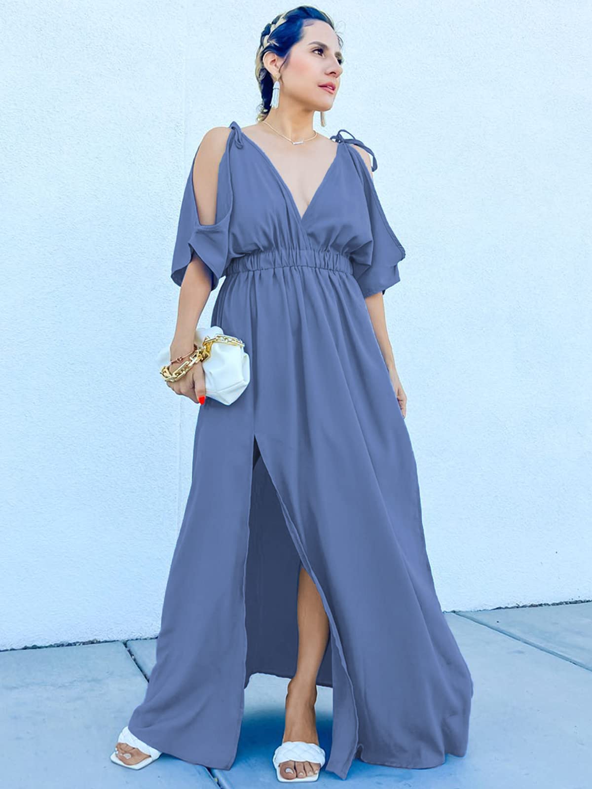 DEEP SELF Women's Summer V-Neck Cold Shoulder Short Sleeve Maxi Dress - High Waist Split Wedding Guest Long Dress for Beach Vacation, Party & Special Occasions
