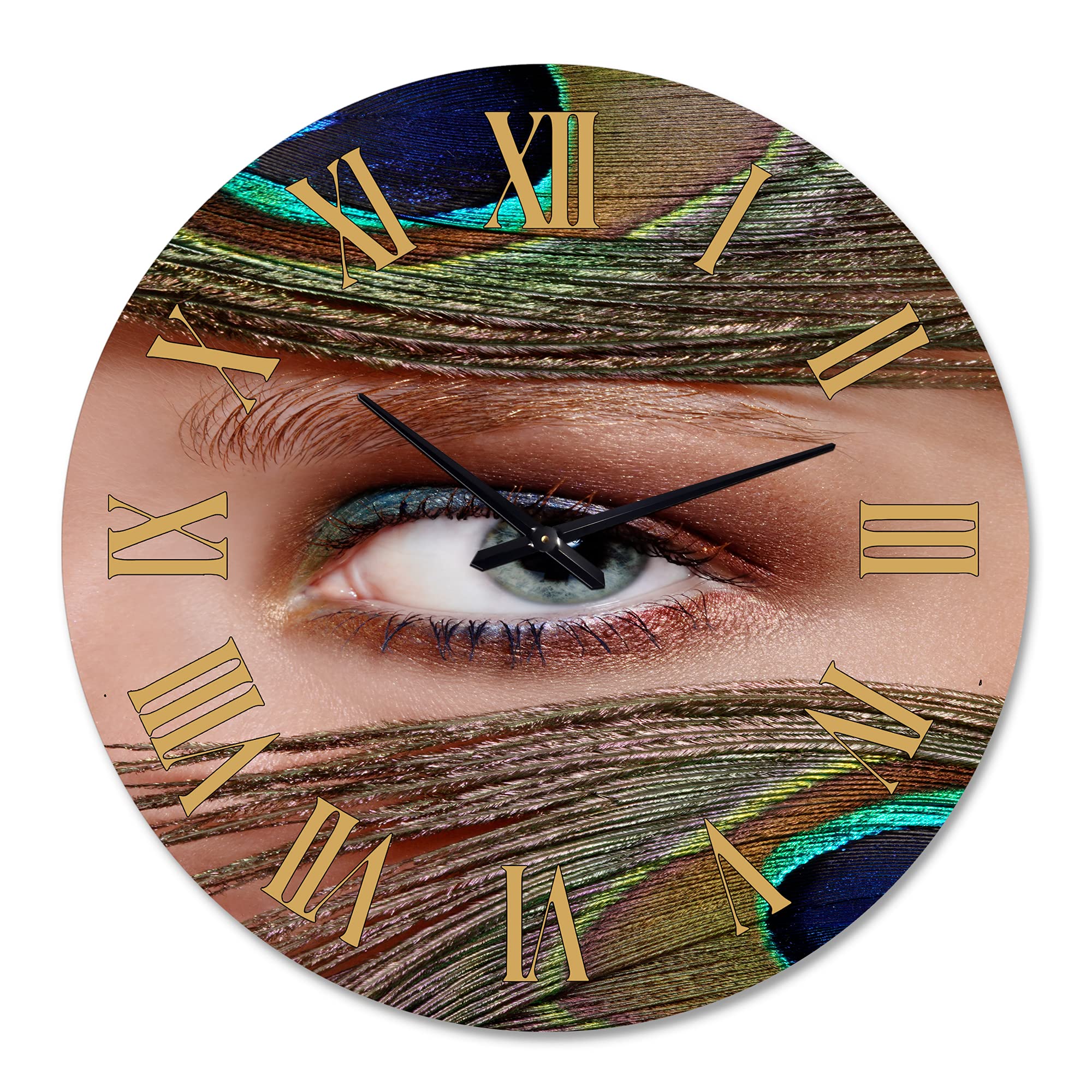 Bohemian Eclectic Wall Clock with Eye & Peacock Feathers Design - Large Decorative Clock for Living Room, Bedroom, Office | Unique Home Decor Gift Idea
