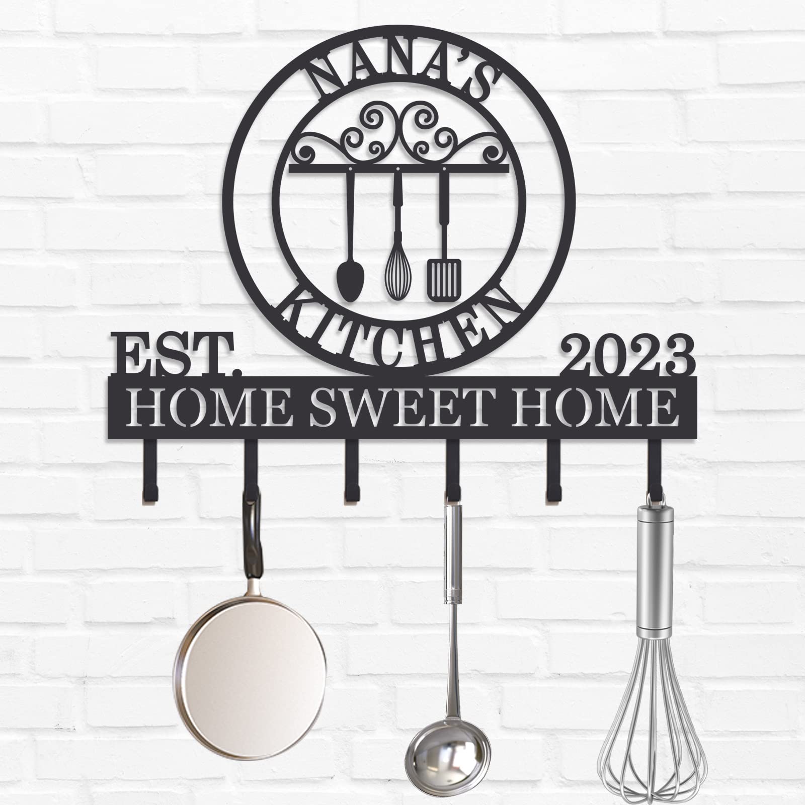 Farmhouse Style Personalized Metal Kitchen Utensil Rack with Custom Name - Wall Mounted Utensil Holder & Organizer with Hooks - Perfect for Rustic Kitchens, Small Spaces & Cooking Enthusiasts