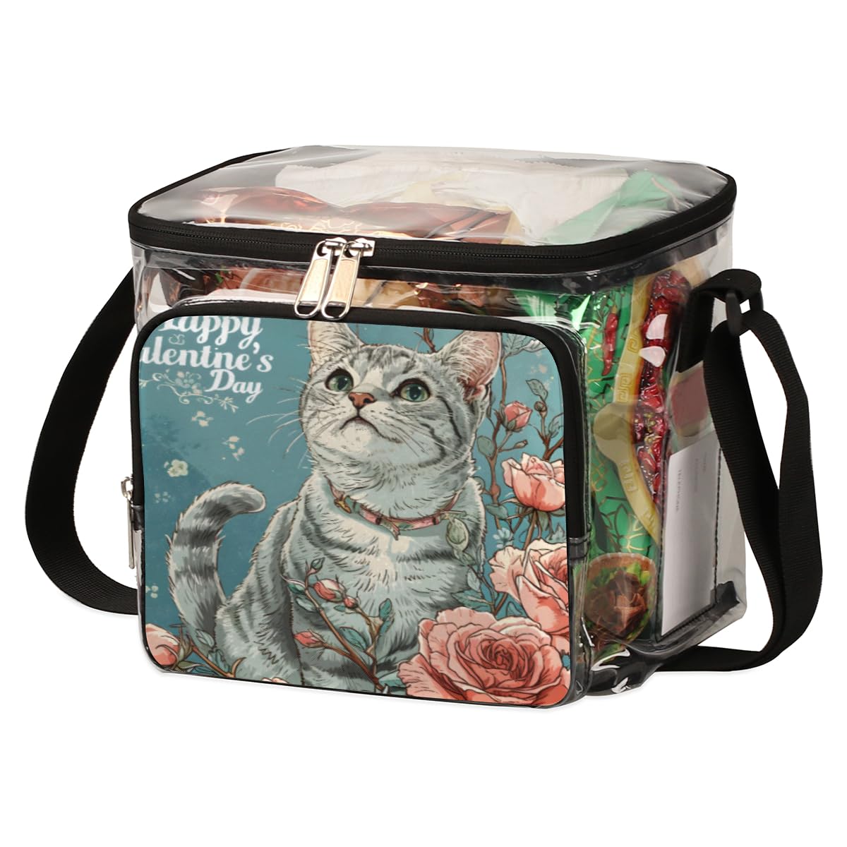GzLeyigou Valentine's Day Clear Tote Bag with Handles - Cat Design Transparent Crossbody Shoulder Bag for Lunch, Outdoor, Travel, Picnic, Concerts & Sports Events - Stadium Approved Multipurpose Purse for Women, Girls, School, Beach & Shopping
